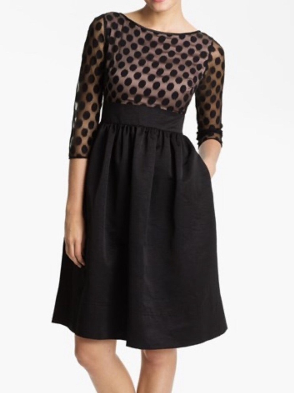 Eliza J. Black Polka Dot Mesh Bodice Fit & Flare Dress Black Size 6